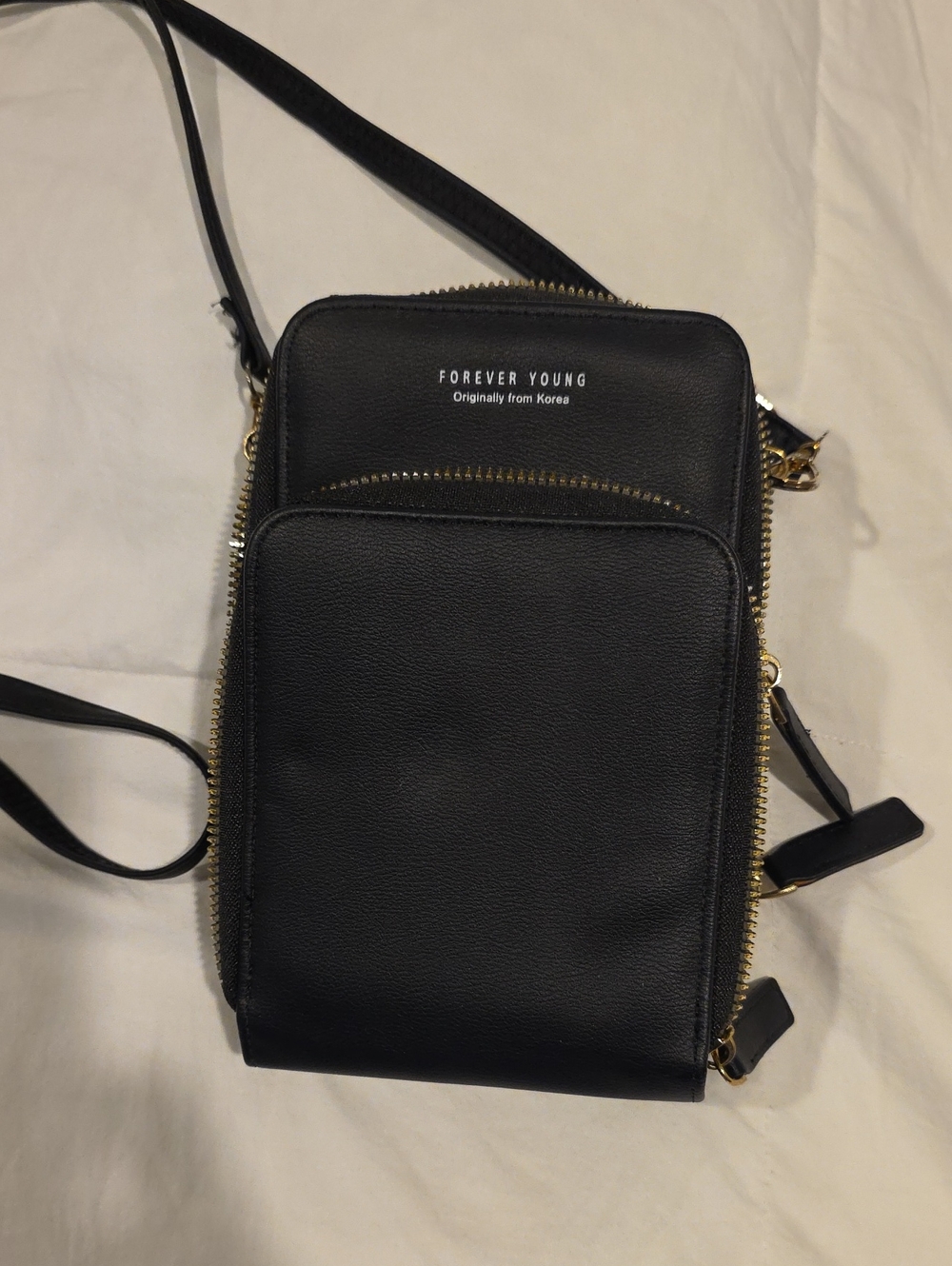 Forever Young Black Crossbody Phone Pouch with Gold Accents